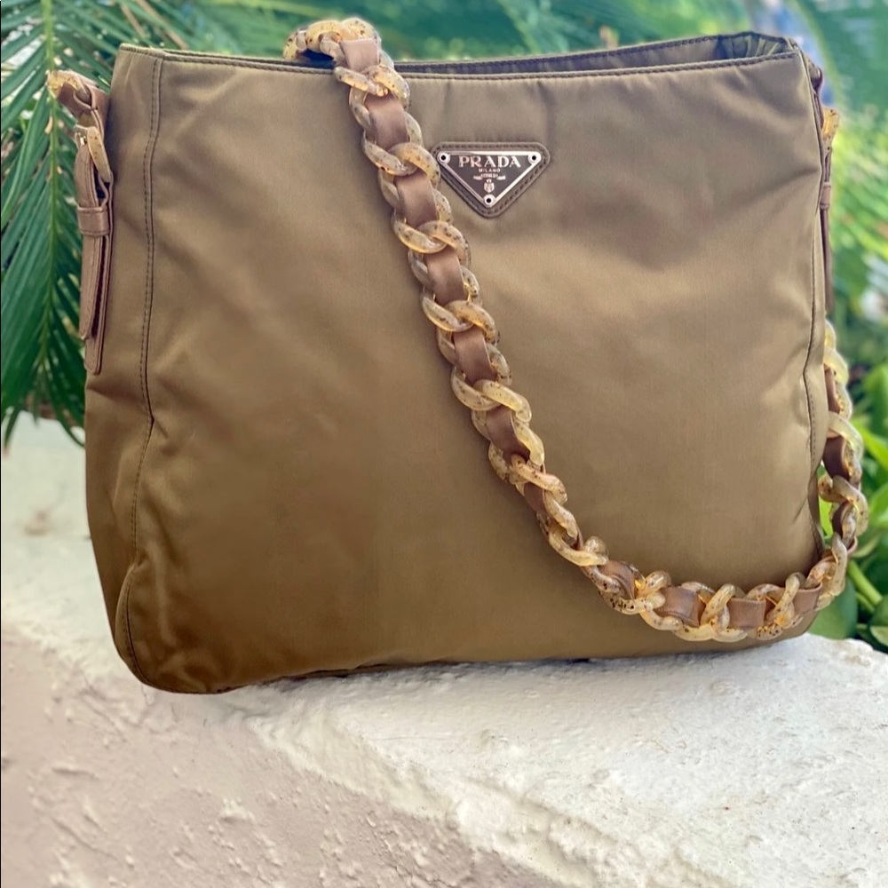 PRADA Nylon Olive Taupe Bag with Acrylic Chain